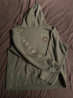 Men's Olive Green Hooded Cardigan Sweatshirt with Script Sleeve